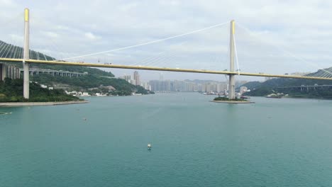 Hong-Kong-bay-and-Tsing-Ma-bridge,-Aerial-view