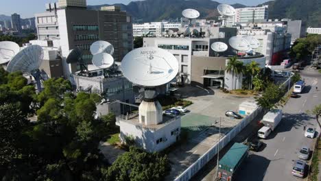 Cluster-of-Satellite-broadcast-Dishes-on-Asia-Pacific-Telecommunications-building-in-Hong-Kong,-Aerial-view