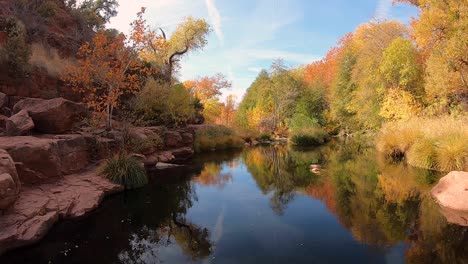 A-creek-flows-between-red-rock-shelves-and-colorful-fall-foliage,-Northern-Arizona
