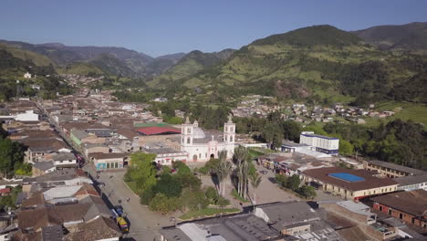 Aerial-Drone-Flyover-of-Silvia,-a-small-town-in-the-mountains-in-Colombia