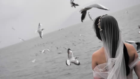 Slow-Motion-Bride-and-Birds-at-Erhai-Lake-near-Dali-City,-Yunnan,-China