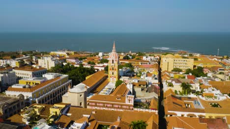 Aerial-Orbiting-Shot-of-Cartagena-Cathedral,-Gradual-Rise-Up