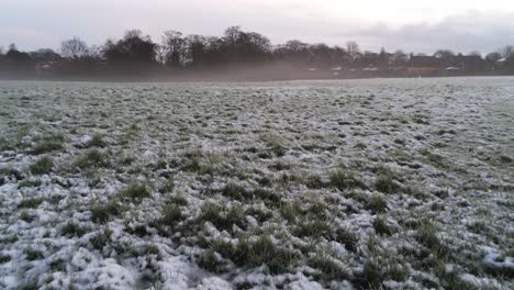 Snowy-frozen-grass-misty-meadow-field-low-angle-aerial-moving-towards-trees