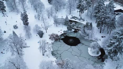 People-Enjoying-The-Snow-Ride-At-Wright-Park-During-Winter-In-Tacoma,-Washington,-USA---Drone-Rotating-Shot