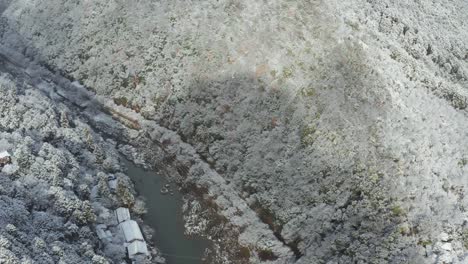 Drone-view-of-Arashiyama-Mountains-and-Katsura-River,-Kyoto-Japan