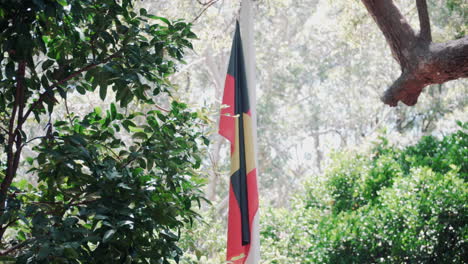 Flagge-Der-Aborigines,-Die-Vom-Baumzweig-Herunterhängt---Port-Macquarie,-NSW---Mittlere-Nahaufnahme
