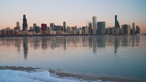 Downtown-Chicago-Skyline-during-Winter-Sunrise-from-Museum-Campus-"Skyline-Walk"-Pan-Up