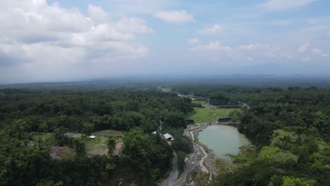 River-with-protective-dams-system-by-sand-mine-near-Mount-Merapi,-Indonesia