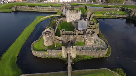 Welsh-medieval-architecture-Caerphilly-Castle,-United-Kingdom,-aerial-view