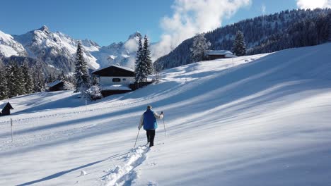 A-man-walking-on-a-snow-field-with-ski-walking-sticks,-and-mountain-alps