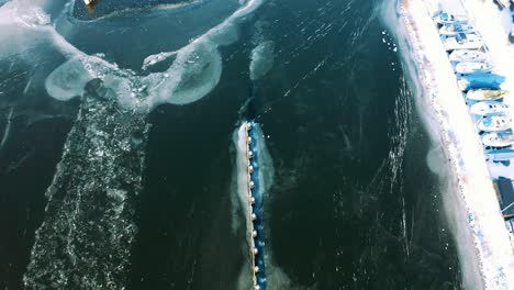 Aerial-View-of-Frozen-Wolderwijd-and-Aquaduct-Veluwemeer-in-Harderwijk,-Netherland