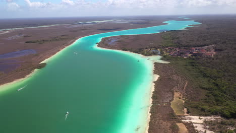 Wide-drone-shot-of-turquoise-waters-at-Bacalar-Mexico
