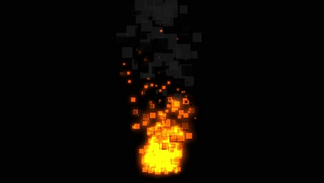 Small-pixel-fire-with-grey-smoke-burning-on-black-background,-2D-pixel-style-animation