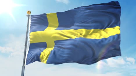 4k-3D-Darstellung-Der-Wehenden-Flagge-Auf-Einer-Stange-Des-Landes-Schweden