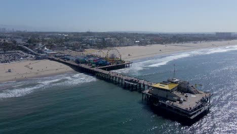 Santa-Monica-Pier-on-California-coast,-United-States,-aerial-view-on-sunny-day