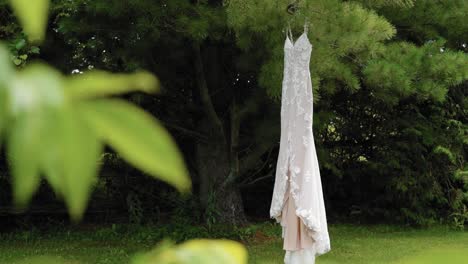 Gorgeous-wedding-dress-hanging-from-a-pine-tree-in-the-middle-of-the-yard-at-the-Strathmere-Wedding-Resort-and-Spa-in-Ottawa,-Ontario,-Canada