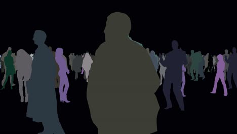 Bunte-Umrisse-Von-Menschen,-Die-In-Einer-Menschenmenge-Stehen---Animation,-Die-Sich-Auf-Schwarzem-Hintergrund-Bewegt