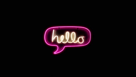 Hello-speech-bubble-text,-neon-glow-flickering-loop-background,-3D-banner-illustration,-sign,-graphic-concept,-light-template,-lettering