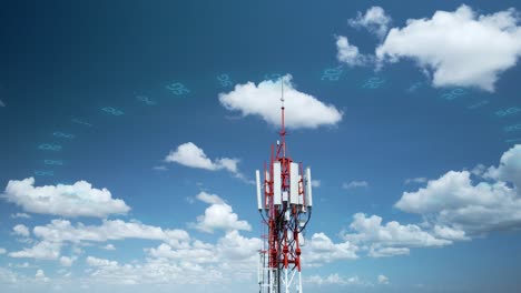 Zellularer-5g-telekommunikationsmast,-Der-Sichtbare-Netzwerksignalwellen-Sendet,-Die-Das-World-Wide-Web-Gegen-Blauen-Himmel-Mit-Flauschigen-Wolken-Verbinden,-Drohnenantenne-Rotieren,-Umkreisen