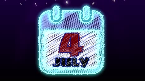 Clean-and-exciting-animated-motion-graphic-with-glowing-night-color-scheme,-of-a-calendar-page-revealing-the-4th-of-July,-in-scribble-style,-with-cartoon-fireworks-and-small-glowing-falling-stars