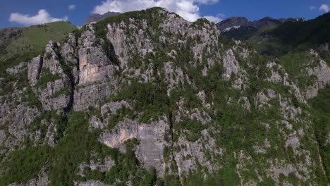 Top-of-high-mountains-of-Albanian-Alps,-rocky-slope,-meadows-and-wild-forests