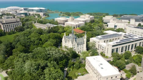 Aerial-Orbiting-Shot-Above-Northwestern-University-College-Campus-in-Summer