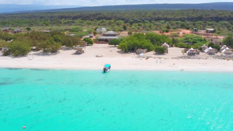 Aerial-shot-over-turquoise-waters-at-Eco-Del-Mar-campsite-beach,-Pedernales