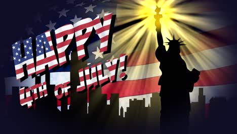 Patriotic,-comic-book-style-motion-graphic,-with-animated-Happy-4th-of-July-text,-and-Statue-of-Liberty-with-glowing-torch-and-Manahattan-silhouette,-and-fluttering-Star-Spangled-Banner