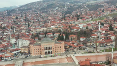 Sarajevo-cityscape,-aerial-footage-of-capital-of-Bosnia-and-Herzegovina