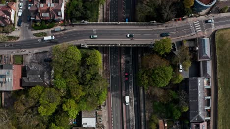 Top-down-drone-shot-over-archway-bridge-road-A1-London