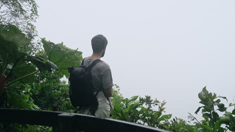 Man-stands-on-edge-of-rain-forest-overlooking-fog-on-windy-stormy-day