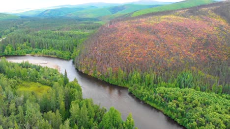 4K-Drone-Video-of-Fire-Damaged-Mountians-along-of-Chena-River-near-Chena-Hot-Springs,-Alaska