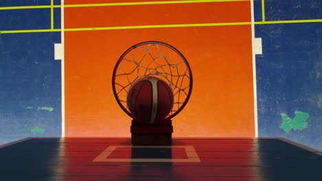 Basketball-board-and-ring-from-above,-an-aerial-footage-of-a-ball-going-in-the-ring-and-bounces-on-the-ring-two-times-then-falls-on-the-court-bouncing-four-times
