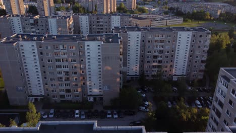 Flyby-Reveal-Shot-of-a-Soviet-Planned-Residential-District-Fabijoniskes-in-Vilnius,-Lithuania,-HBO-Chernobyl-filming-location