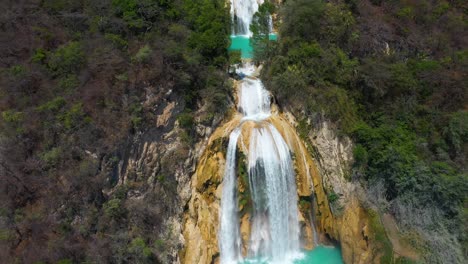 Beautiful-El-Chiflon-Waterfalls-in-Mexico,-4K-aerial-reveal-over-tiered-cascade
