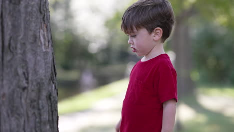 Slow-motion-video-of-a-young-little-boy-in-a-red-T-shirt-standing-in-front-of-a-tree-trunk-and-playing-with-it