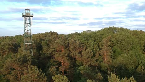Steel-watchtower-and-vast-majestic-forest-landscape,-aerial-reveal-shot
