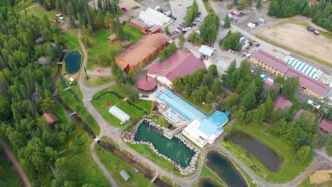 4K-Drone-Video-of-Convention-Center-at-Chena-Hot-Springs-Resort-near-Fairbanks,-Alaska-in-Summer