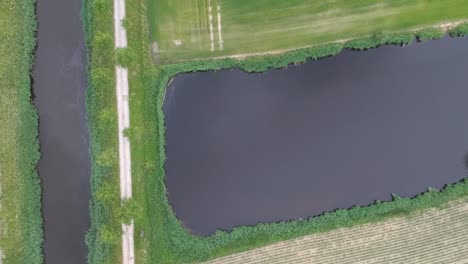 River-and-water-pond-with-dirt-road-in-between,-top-down-aerial-view