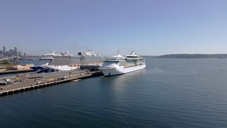 View-of-two-cruise-liners-docked-in-Seattle,-WA-USA
