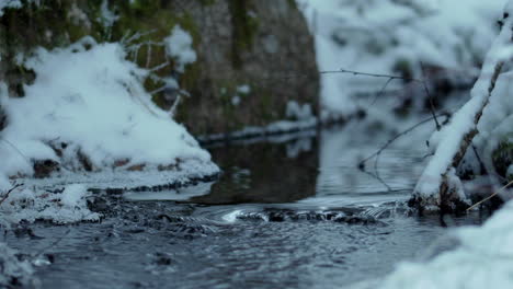 Macro-shot-of-a-tiny-stream-on-a-winter-day-with-snowfall
