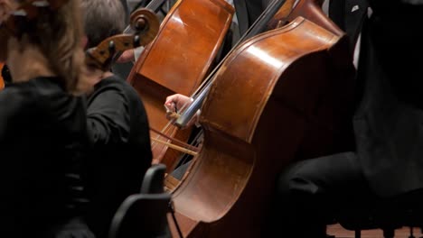 A-man-playing-the-double-bass-with-an-orchestra,-bow-moving,-Liepāja-Symphony-Orchestra-season-opening-concert,-concert-hall-Great-Amber-,-medium-closeup-shot,-selective-focus