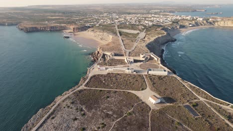 Sagres-Fortress,-aerial-pullback-Cape-Sagres,-Algarve,-Portugal