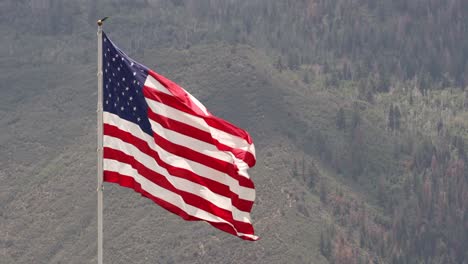 Cerca-De-Una-Gran-Bandera-Americana-Ondeando-En-El-Viento-Las-Montañas-De-San-Juan-En-Segundo-Plano.