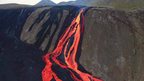 Lava-River-During-Volcanic-Eruption-At-Mount-Fagradalsfjall,-Southwest-Iceland---aerial-shot