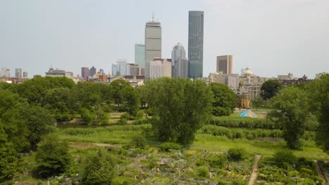 Gemeinschaftsgarten-In-Boston,-Skyline-Im-Hintergrund