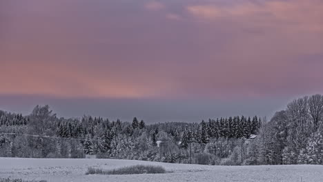 Zeitrafferaufnahme-Eines-Wunderschönen-Morgensonnenaufgangs,-Der-Eine-Winterlandschaft-Mit-Beleuchteten-Schneebedeckten-Kiefern-Von-Der-Sonne-Zeigt---Wolken-In-Bewegung-Am-Himmel