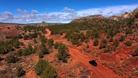 Beautiful-aerial-of-a-black-car-driving-through-desert-wilderness-with-few-trees-around-on-a-hilly-terrain