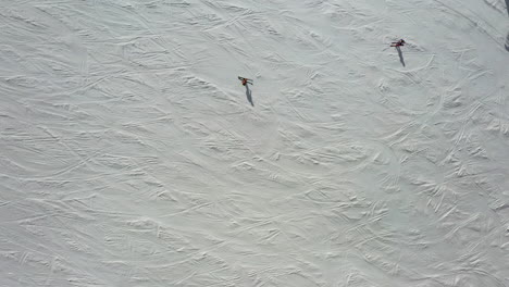 People-skiing-down-white-hill-slope-during-winter-season,-aerial-top-down-view