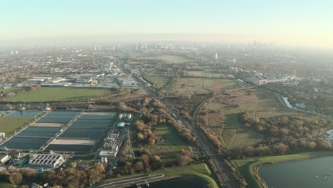 Dolly-forward-drone-shot-of-Lea-valley-Walthamstow-marshes-London